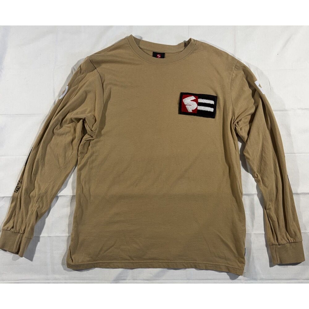 Vintage Y2K Southpole Men's L Tan Graphic Long Sleeve Shirt Chenille Patch